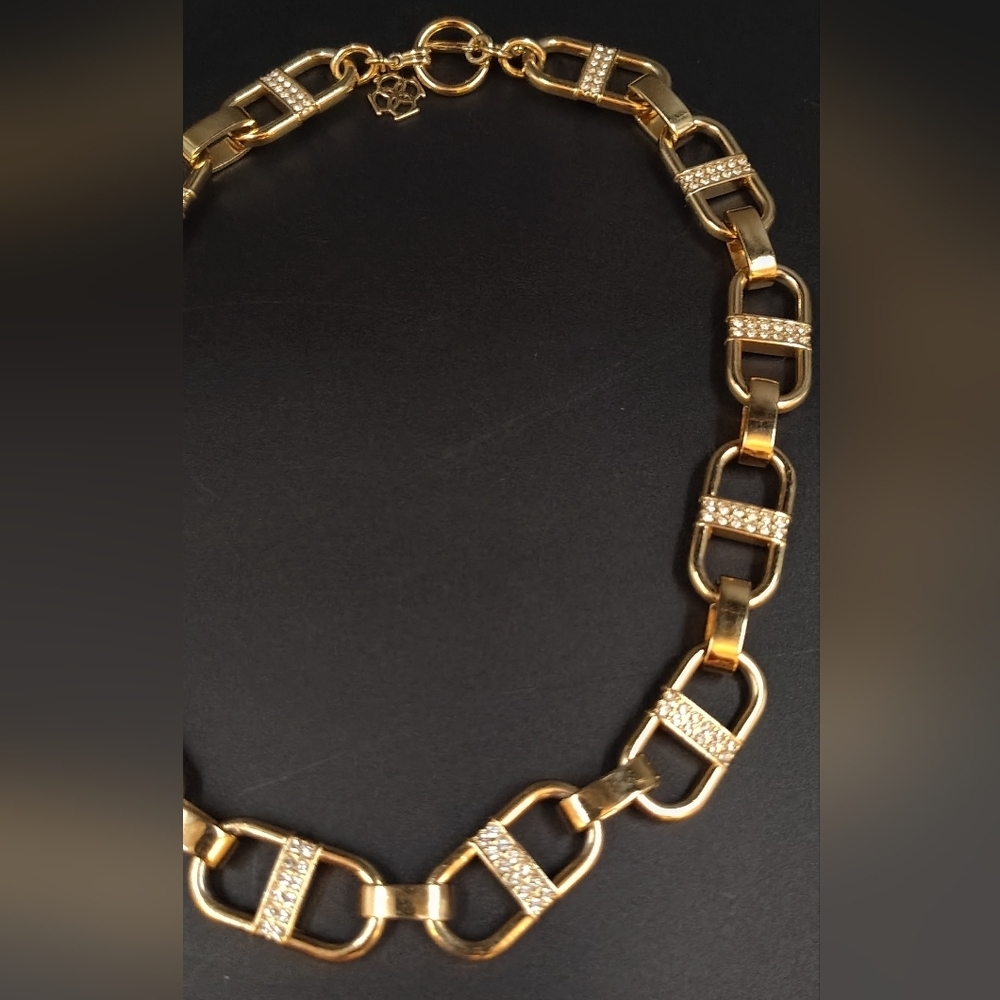 Ann Taylor Gold Tone Paper Clip Rhinestone Chunky Necklace Choker - Picture 5 of 14